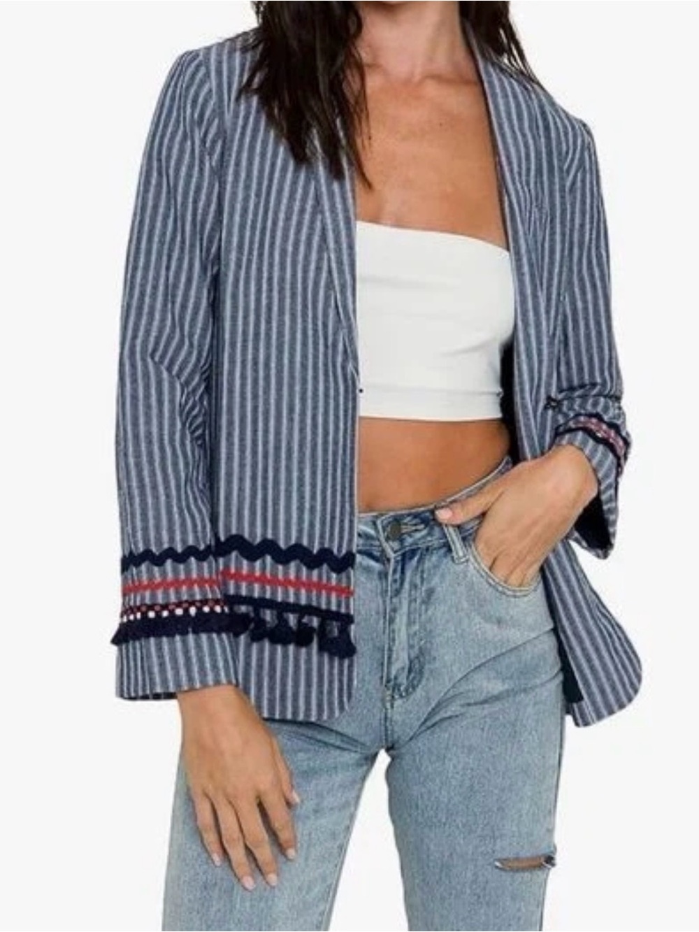 Striped Trim Detail Blazer Free The Roses Womens Size Large Boho Tassle Jacket